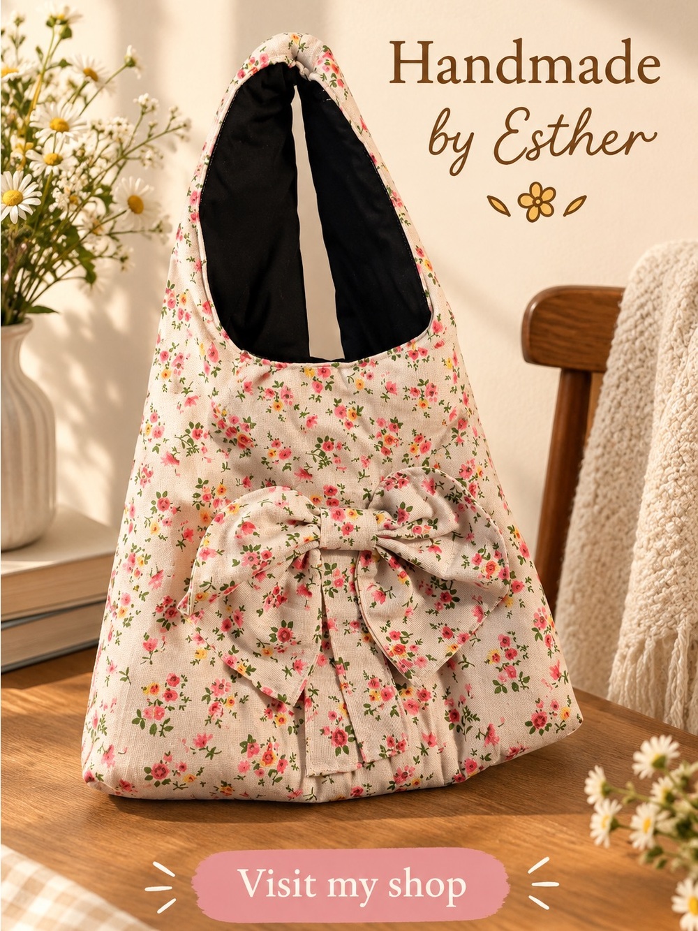 Floral Bow Tote Bag - Cream Pink